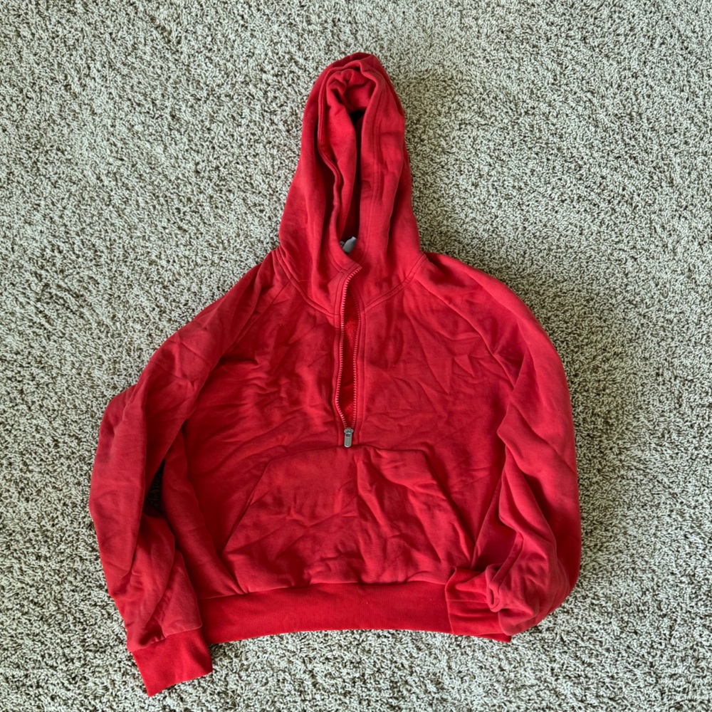 Bright red quarter zip waist length scuba hoodie